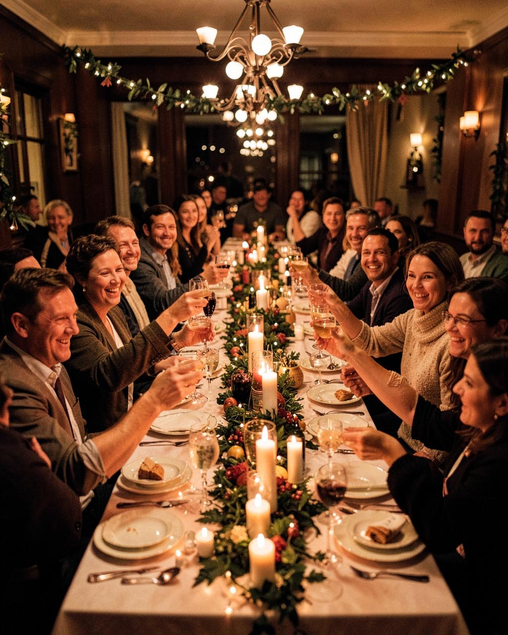 Gasten die samen het glas heffen aan een feestelijk gedekte tafel