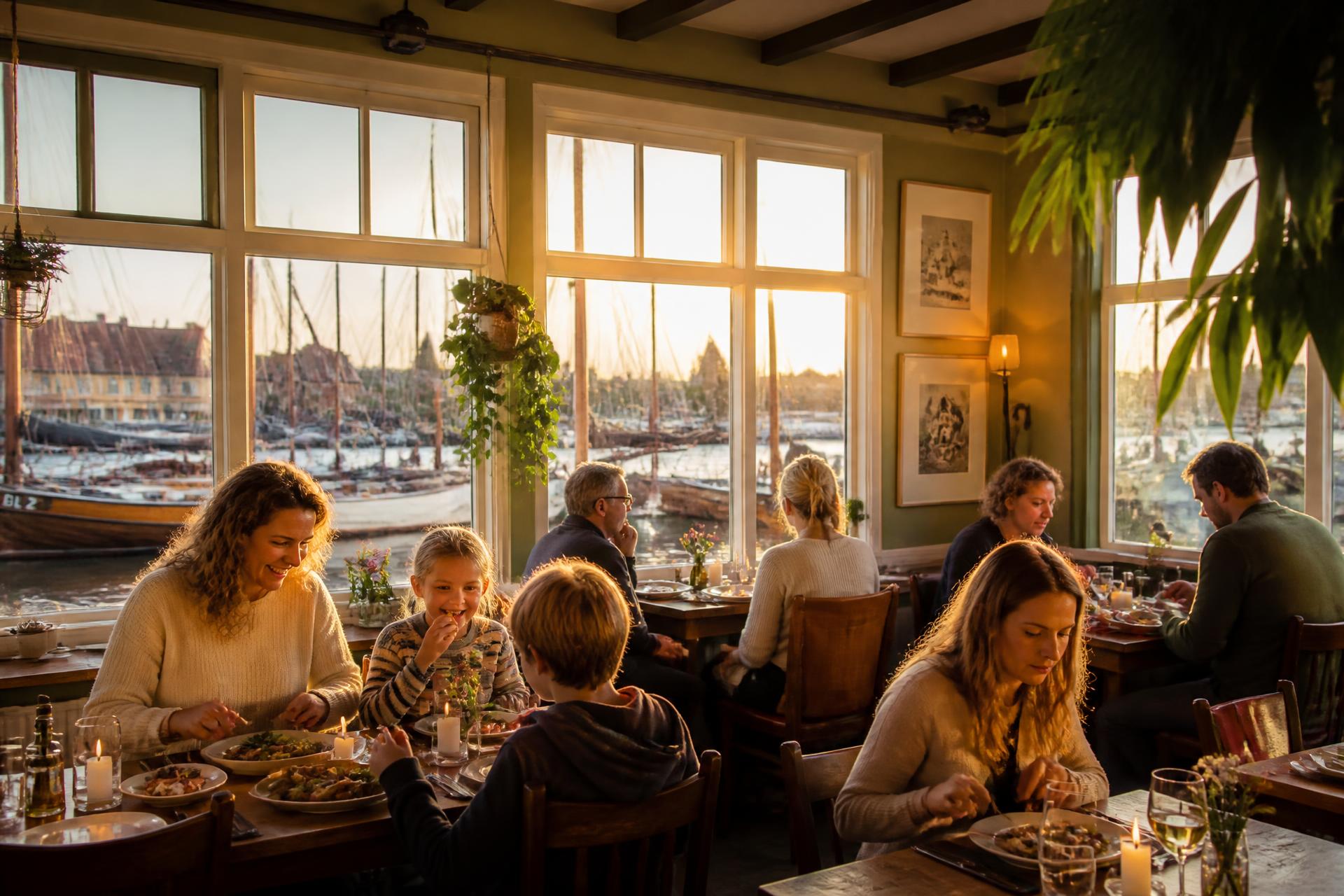 Gasten eten samen aan tafel bij Bob & Co met uitzicht op de haven van Monnickendam