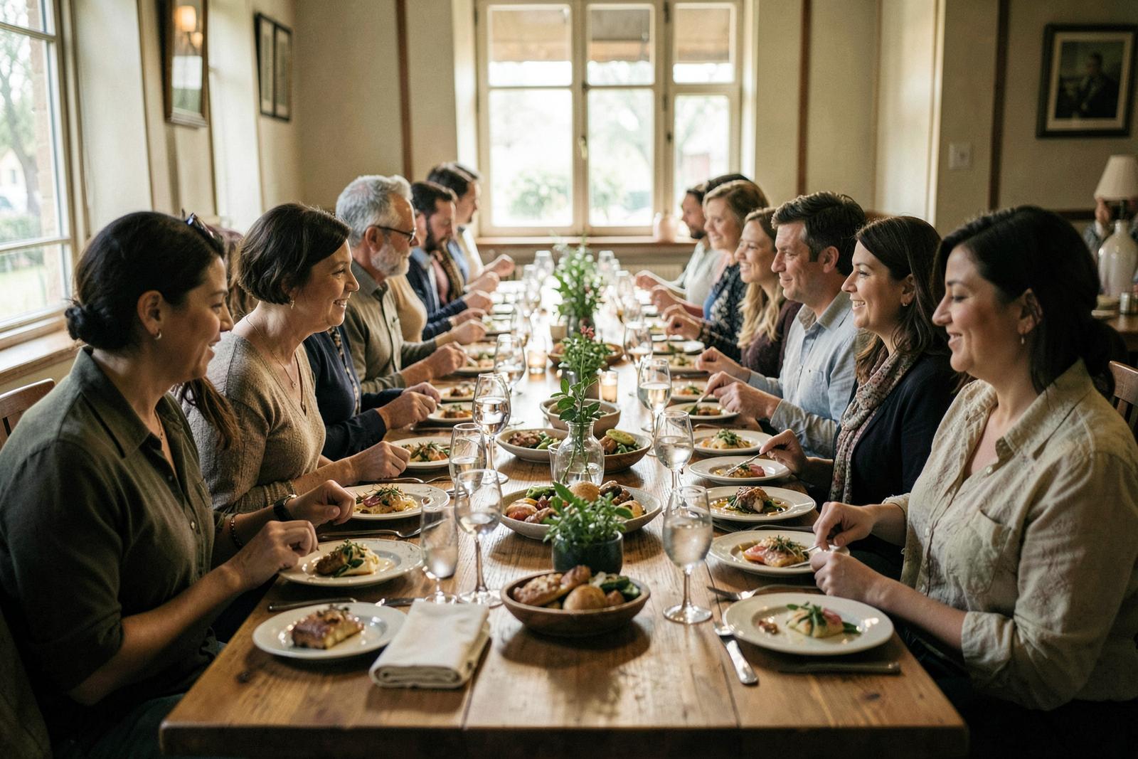 Lange tafel met gasten die samen eten